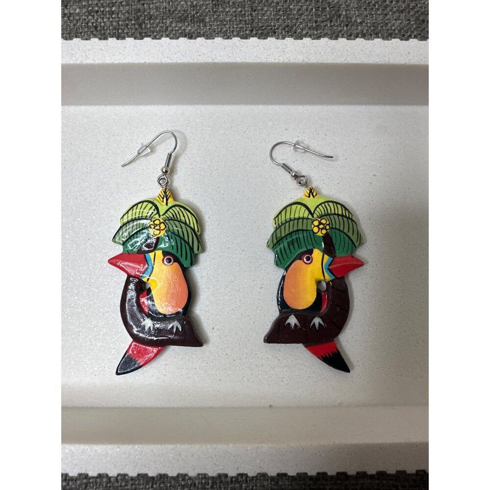 Colorful Handcrafted Wooden Toucan Tropical Earrings w/ Metal Hooks Lightweight